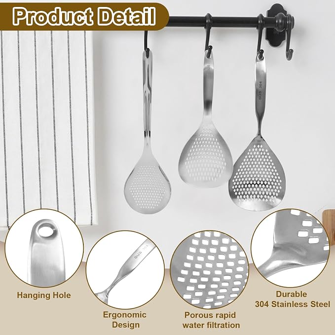 Jiozermi Stainless Steel Skimmer Slotted Spoon, Pasta Spider Strainer Ladle for Frying and Cooking, Durable 304 Stainless Steel Frying Strainer Spoon for Noodles, Pasta, and Vegetables