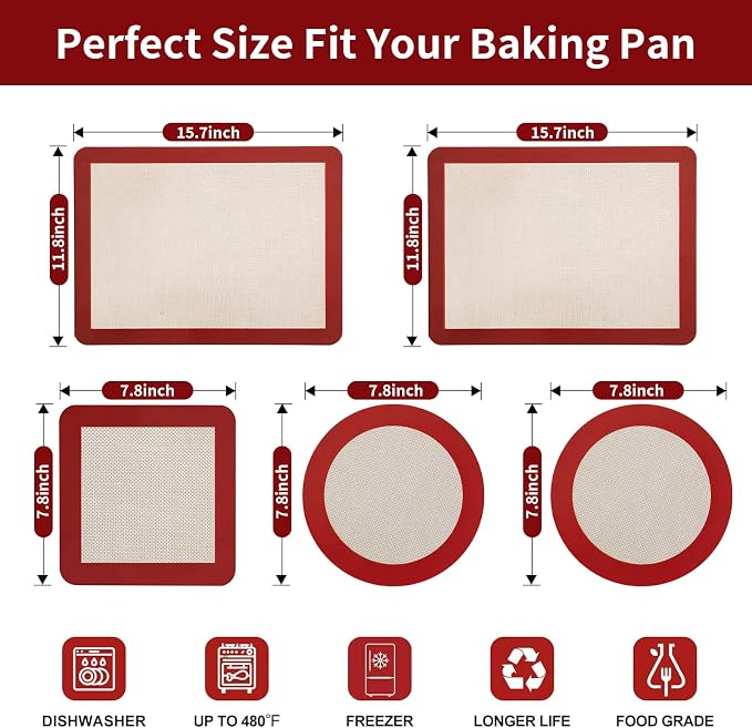Silicone Baking Mat Set, Non-Stick Food Grade, Reusable 5PCS | Reusable baking mat set replaces parchment paper, helping reduce waste while making cleanup quick and easy.
