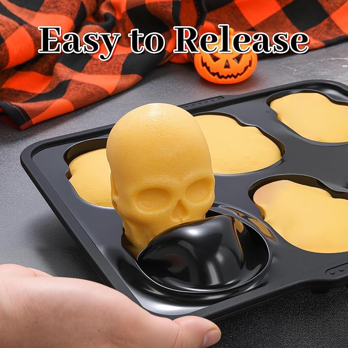 FUNBAKY Skull Baking Pan, Muffin Pan Metal Reinforced Frame Silicone Skull Cake Mold - Halloween Nonstick Large Molds for Baking with Handle, Easy to Move Oven 1 Pack