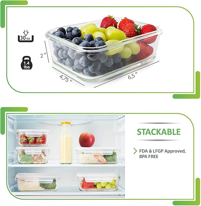 PrepNaturals 5 Pack 30oz Glass Meal Prep Containers - 1 Compartment | Borosilicate Glass Meal Prep Containers - Airtight Leak-Resistant Lids, Microwave, Oven & Freezer Safe (5-Pack, 30 oz)