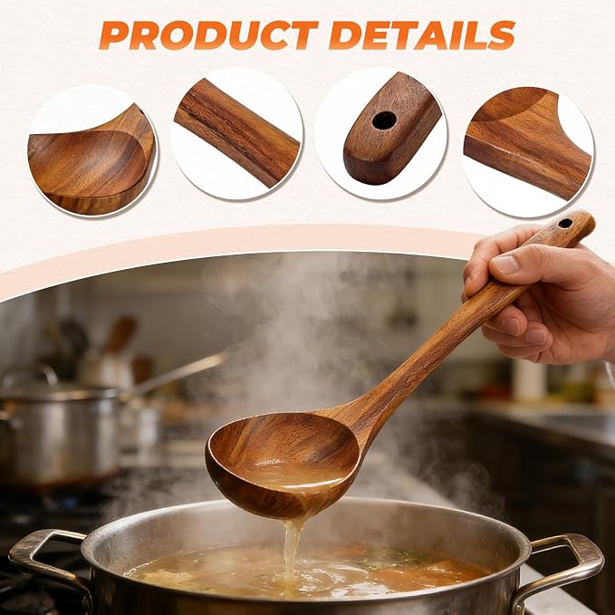 Wooden Ladle, Natural Acacia Wood Soup Spoons for Cooking, Serving, Stirring -12.9in Long, 2.5 oz Large Capacity- Premium Wooden Utensil Spoons for Mom, Wife Cooking Gifts