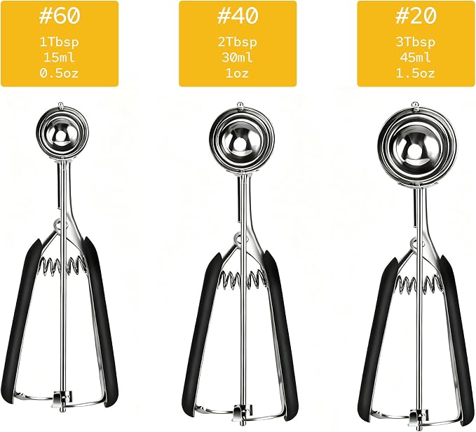Cookie Scoop Set, Cookie Scoops for Baking Set of 3, Cookie Dough Scoop, Small/Large Ice Cream Scoop, 1/2/3 Tbsp Cookie Scoop with Trigger, Ice Cream Scooper, 18/8 Stainless Steel, Non-Slip