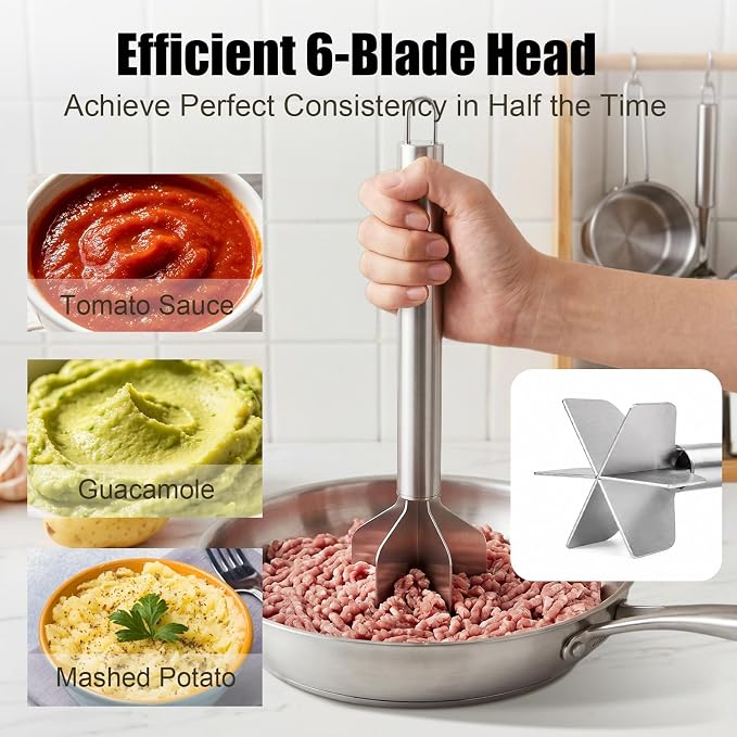 Stainless Steel Meat Masher, 6-Blade Ground Beef Chopper Tool with Hanging Loop for Hamburger, Potato,Vegetable Puree