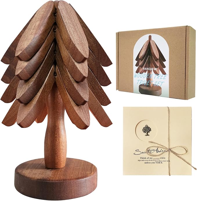Wooden Tree Trivets for Hot Dishes 4 Trivets Tree Decorative Shape Hot Pads for Countertops Trivet Set with Card for Hot Pots Pans Bowls Coasters
