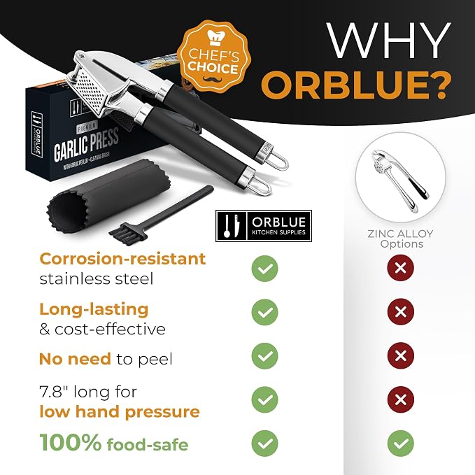 ORBLUE Garlic Press and Peeler Set, Stainless Steel - Professional Grade Mincer, Crusher - Dishwasher Safe & Rust-proof, Black