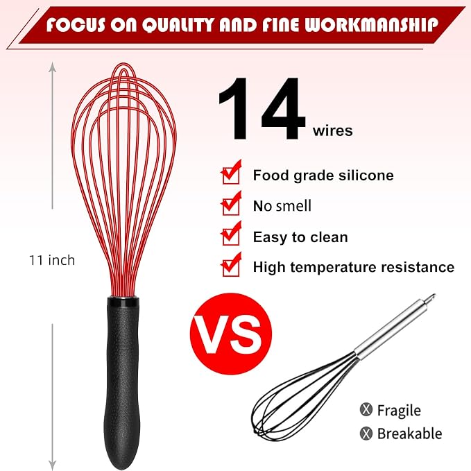 TEEVEA Silicone Whisk Non Scratch BPA Free for Nonstick Cookware, 11 Inch Stainless Steel Core Heat Resistant, Egg Beater for Cooking Baking Stirring Frothing, Red