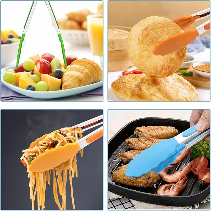 6Pack Kitchen Tongs,7 Inch Small Silicone Tong,Serving Tongs with Silicone Tips Sliding Rings,Stainless Steel Food Cooking Tong for Cooking Serving BBQ Grilling Salad(Multicolor)