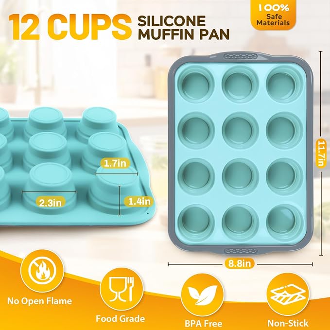 Silicone Muffin Pan, 12 Cups Non-Stick Cupcake Pan, Food-Grade BPA-Free Muffin Tin, Oven-Safe 450 °F, Reinforced Steel Frame, Easy-Grab Handles, Quick-Release 2.3" Baking Molds for Mini Treats