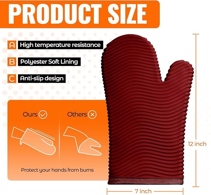 YUTAT Silicone Oven Mitts,Heat Resistant 2PCS Oven Mitts with Soft Polyester Filling Perfect for BBQ, Baking and Cooking,Red