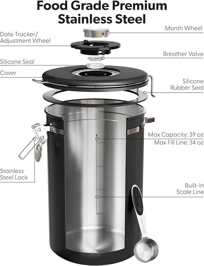 Veken Coffee Canister with Window, 39OZ Large Airtight Stainless Steel Jars | Kitchen Food Storage Pantry Container for 2.2lbs Beans,Ground,Espresso,Rice,Tea,Sugar,Bar Accessories,Gifts,Lids, Scoop,Black