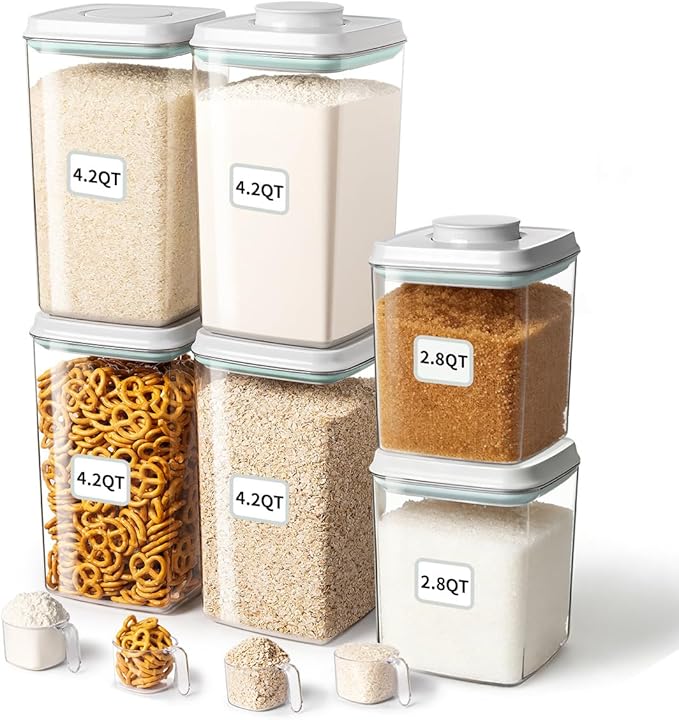 Food Storage Container Sets, 2.8 Qt *2+ 4.2 Qt *4 Airtight Canisters with Lids and 130ml Scoop, BPA-Free Plastic Pantry Containers for Flour, Sugar, Rice
