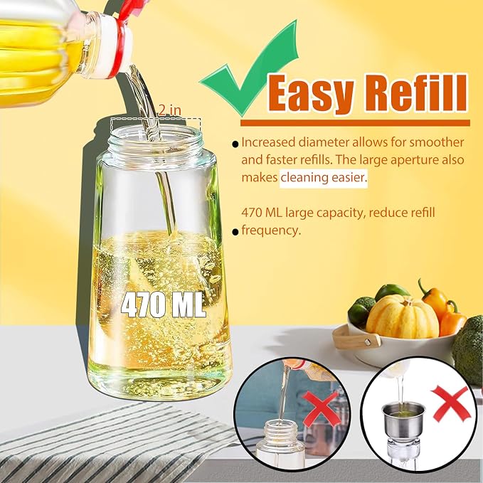 2 in 1 Oil Dispenser and Sprayer, 470ml Glass Bottle for Kitchen, Cooking, Air Fryer, Salad, BBQ (Black)