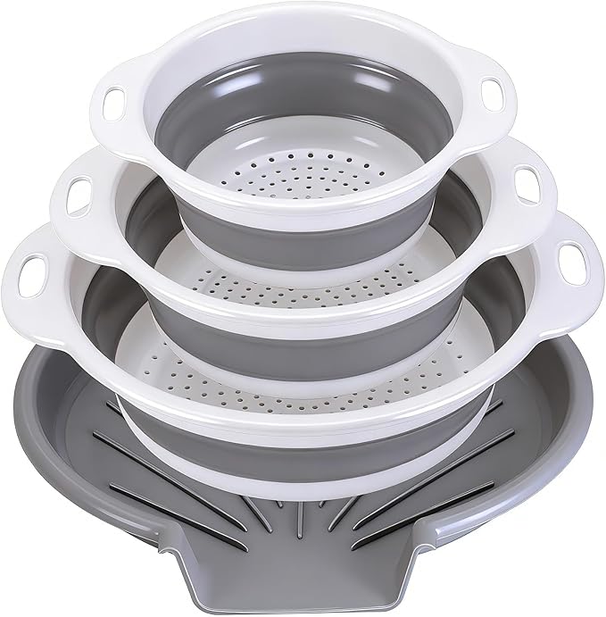 Collapsible Colander Set with Oversized Draining Tray | 3-Pack Foldable Kitchen Strainers + Base | Space Saving for Pasta, Veggies, Fruit & Rice | 5 Colors (Gray-White)