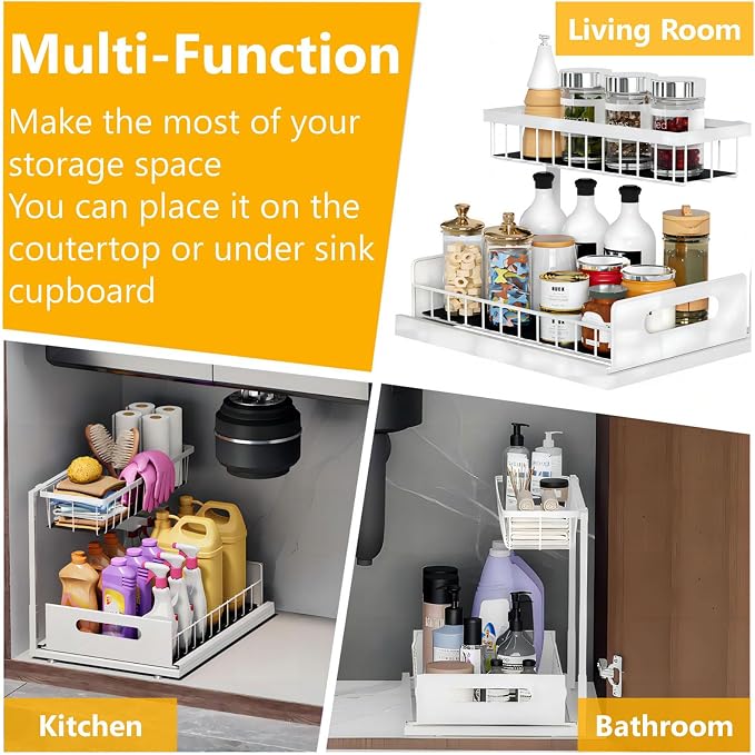 Ceetug Slide Out Under Sink Organizers and Storage, White, 2 Pack | 2 Tier, Sturdy Metal, Cabinet Organizer, for Kitchen Bathroom