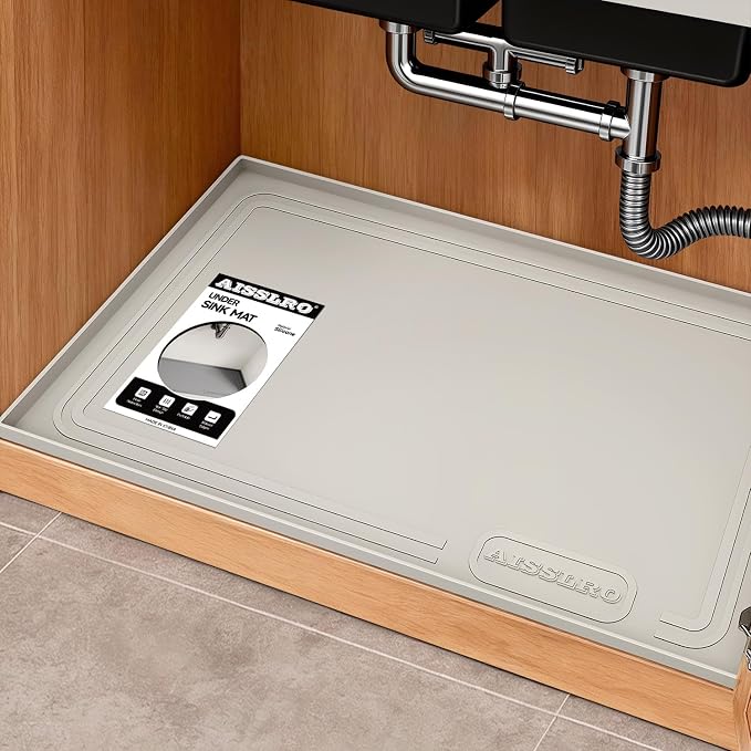 Under Sink Mat 25 X 19, Waterproof Silicone Cabinet Kitchen Liner, Beige | BPA-Free Raised-Edge Cabinet Protector & Leak Tray for Bathroom Cabinets, Boots, Pet Feeding Dog & Cat Mats, Dishwasher Safe