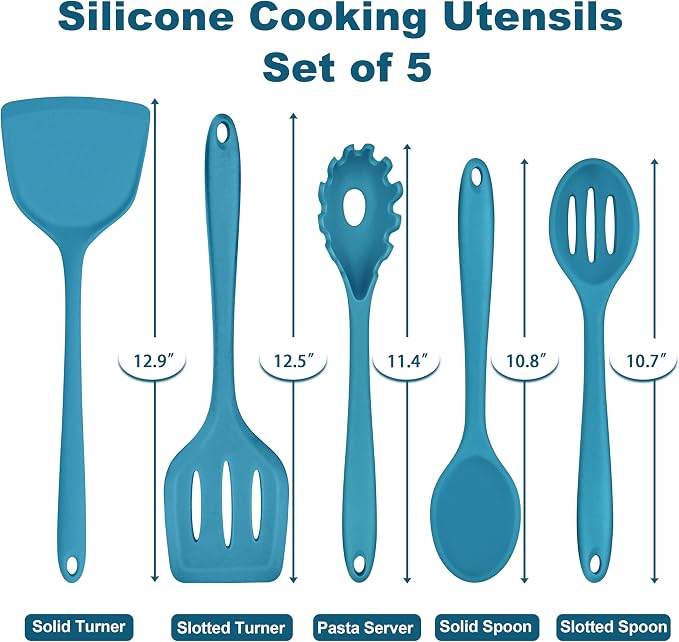 TeamFar Silicone Cooking Utensils Set, 5-Piece Heat Resistant Kitchen Utensils Set, Nonstick Slotted Solid Spoon Turner Pasta Server for Frying, Serving, Mixing, Non-Toxic & Dishwasher Safe, Dark Blue