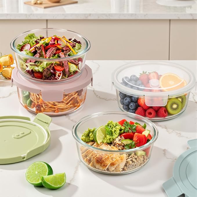 4 Cup/32oz Borosilicate Glass Meal Prep Containers with Vented Lids, 4 PACK | Airtight Leak Proof, Food Grade, Microwave Dishwasher Oven Freezer Safe, BPA-Free, Lunch Soup Leftover Food Storage, Round