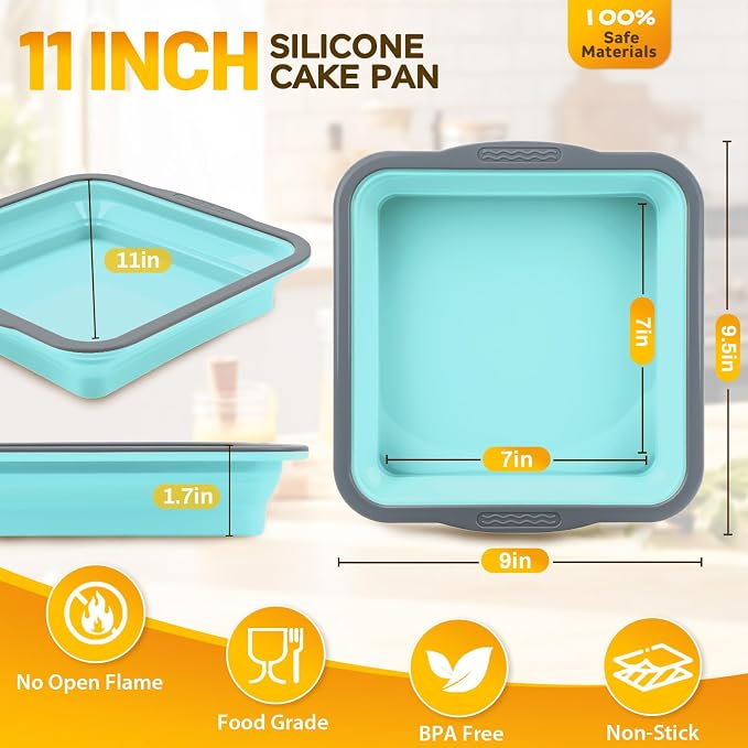 7x7 Silicone Square Cake Pan with Metal Reinforced Edge, Nonstick Brownie Baking Pan, BPA Free, Oven Safe Flexible Silicone Mold, Suitable for Making Cakes, Brownies, Bread, Pie, Lasagna
