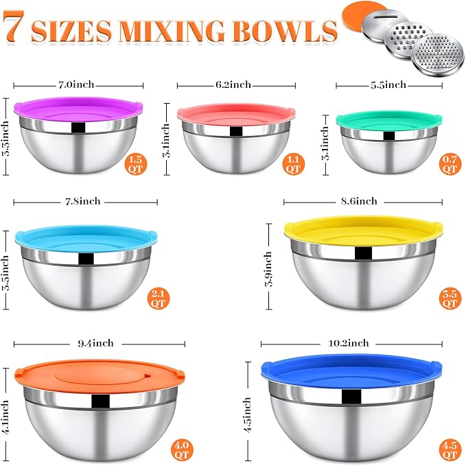 21PCS Mixing Bowls with Lids Set - 7 Nesting Mixing Bowls, 3 Graters, 11 Baking Tools, Lids, Stainless Steel Mixing Bowl for Mixing & Baking, Size 0.7/1.1/1.5/2.1/3.5/4/4.5 QT, Colorful