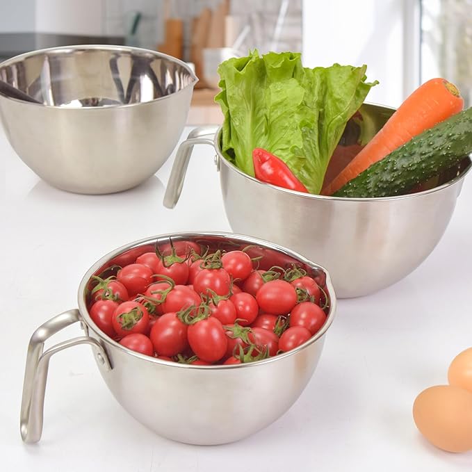 3PCS Stainless Steel Mixing Bowls ,Nesting Bowls With Silicone Spatula | 304 food-grade steel, rust-resistant. 3 sizes:1.1/1.8/2.3qt for mixing, salads, melting. Dishwasher & freezer safe