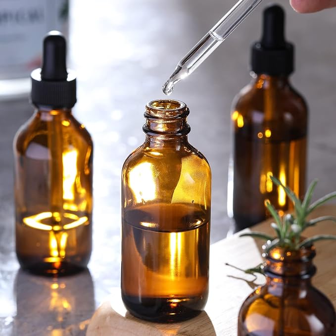 4 Pack, 2 oz Bottles with Dropper & 1 Funnel & 4 Labels - Essential Oils Bottles for Health, Personal Care & Beauty - 60ml Thick Dark Amber Glass Tincture Bottles, Refillable Cosmetic Containers