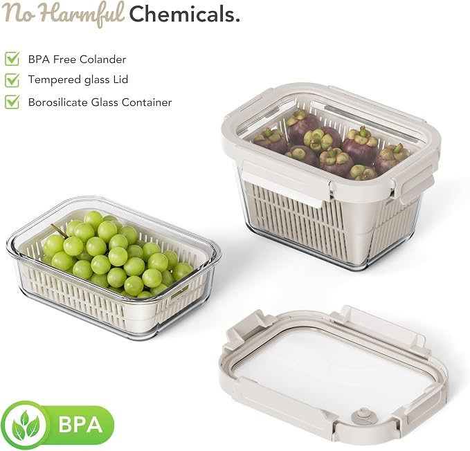 Glass Fruit Storage Containers for Fridge, 2 Pack Produce Containers with Removable Colanders & Vent Glass Lids, Airtight Fruit & Vegetable Storage, BPA Free Borosilicate Glass