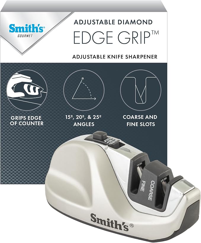 Smith's 51023 Adjustable Diamond Edge Grip Sharpener - Grey - Coarse & Fine Sharpeners - Compact - Stable Non-Slip Base – Pull Through Knife Sharpener