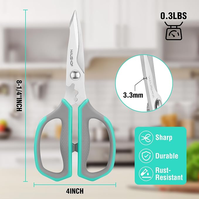 HAUSHOF Kitchen Scissors for Food, Heavy Duty Kitchen Shears, Sharp Stainless Steel Shears with Soft Grip, U-Groove Design, 8-1/4" Food Scissors for Meat, Vegetables, Fine Bones