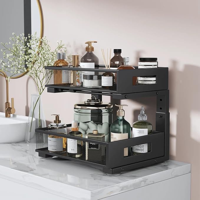 Under Sink Organizer, 2-Tier Dual Pull Out Cabinet Organizer Drawers With Smooth Circular Rail, Large Capacity Metal Mesh Sliding Shelves For Bathroom& Kitchen Storage,Height Adjustable–Black,2 Packs