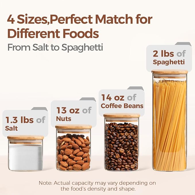 ComSaf Glass Storage Containers Set of 6 (2.2Qt/1.2Qt/0.8Qt/0.6Qt*3) | Pantry Storage Containers, Kitchen Jar, Glass Canisters, Bamboo Lid with Silicone Seal, Flour, Cereal, Spice Jar, BPA Free