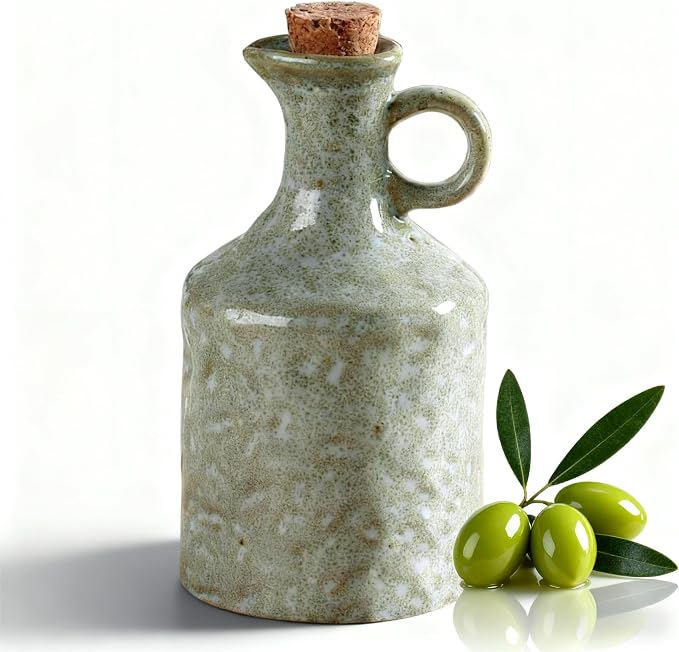 Green Ceramic Olive Oil Dispenser Bottle with Cork Stopper 13.5Oz | Reactive Glaze Texture Oil Bottle, Leak Proof Small Spout,Great for Storing Vinegar, Wine, Soy Sauce, Lemon Juice