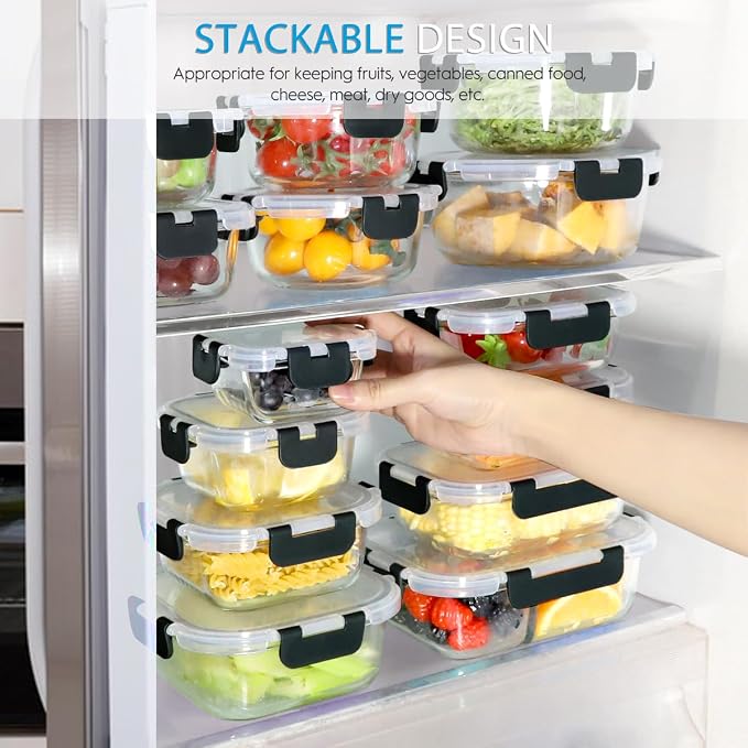 AMALEKO 42pcs Glass Food Storage Containers with Snap Locking Lids Set, Glass Meal Prep Containers (21 Container & 21 Lids),Leak Proof Lunch Containers BPA-Free,Black
