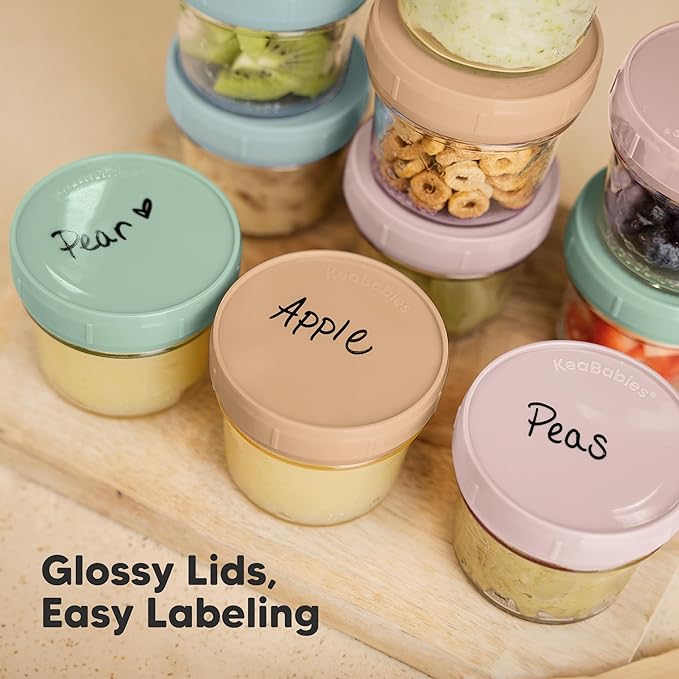 KeaBabies 6pk 4oz Glass Baby Food Containers with Lids, Leak-Proof (Musk Dusk) | Microwavable Small Glass Jars, Baby Purees, Toddler Snack Storage Containers, BPA-Free, Dishwasher-safe, Freezer Safe