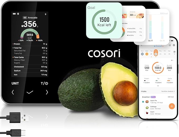 Cosori Smart Food Scale with Nutritional Calculator, USB Rechargeable, 11lb | AI Food Scan, Barcode Scan, 50 Food Preload, Free APP with 19 Nutrients, Calorie & Macro Tracking for Weight Loss