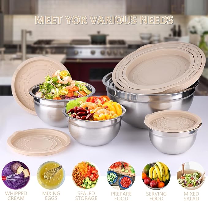 Leidawn Mixing Bowls with Lids Set, 25 PCS Khaki Mixing Bowl for Kitchen | Stainless Steel Nesting Bowls for Baking, Mixing, Serving & Prepping, Size 5, 3.7, 2.8, 2.3, 1.7, 1.1, 0.7QT, 11 Utensils
