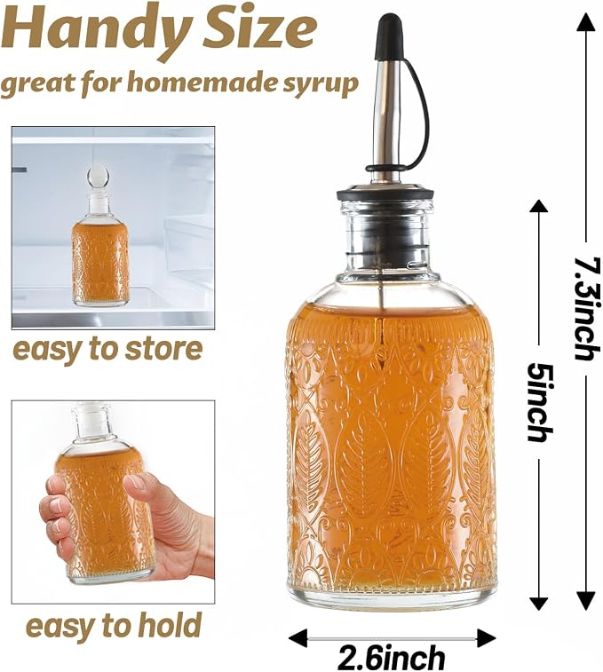 Retro Glass Syrup Dispenser Bottle 7oz, Oil and Vinegar Cruet with Stainless Steel Pour Spout, Labels, Funnel & Stopper(Leaf)