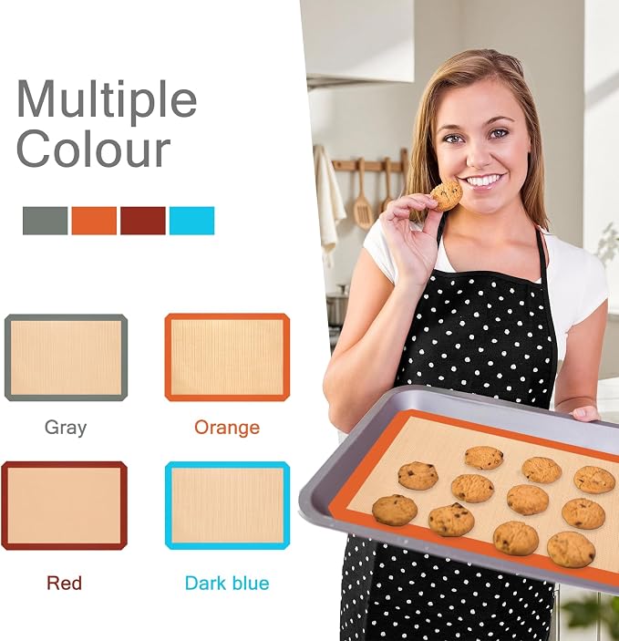 Silicone Baking Mat Set of 3, Non-Stick 2 Half & 1 Quarter Sheets | Dishwasher Safe, Reusable Baking Supplies for Cookies, Bread, Pastries & Dough, Orange