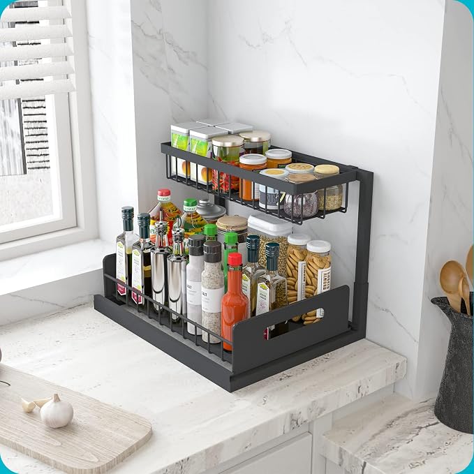 Under Sink Organizer, L-Shaped 2 Tier Pull Out Cabinet Organizer | For Kitchen and Bathroom, Slide Out Under Cabinet Storage, Metal Under Sink Storage with Sliding Drawer, 50 lbs, Black 2 Pack