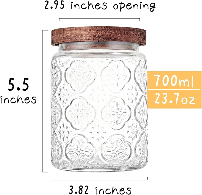 Glass Storage Jars With Airtight Lid, 23.7oz Container For Kitchen Counter with Wooden Lid, brown sugar, candy, coffee, cookie, salt, tea, cute Jar (Begonia Flowers*2)