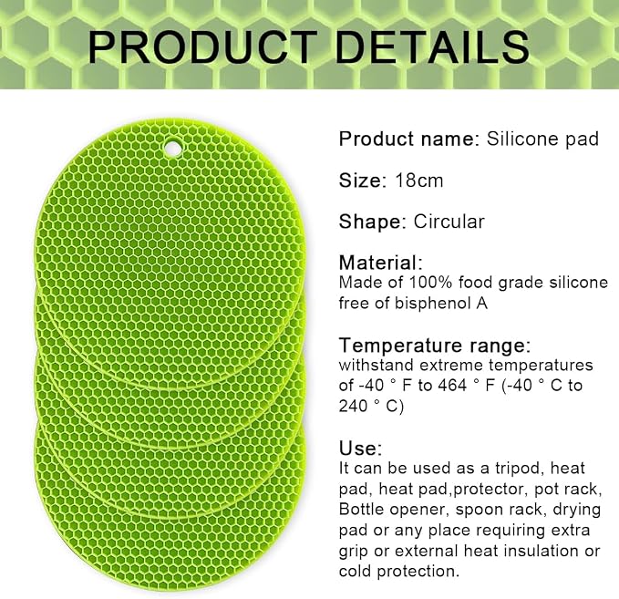 7-Inch Round Silicone Trivet Mats - 4-Pack Non-Slip Heat Resistant Hot Pads for Kitchen Countertops, Pots and Pans (Green)