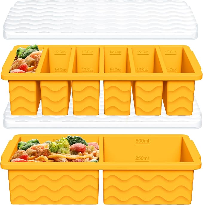 2-Pack Silicone Freezer Trays with Lid, 2 Large 2-Cup(500ml) & 6 Small 1/2-Cup(125ml) Soup Freezer Container Molds, Ice Cube Tray For Meal Prep & Freezing Soup, Stews, Sauces, Oven & Dishwasher-Safe