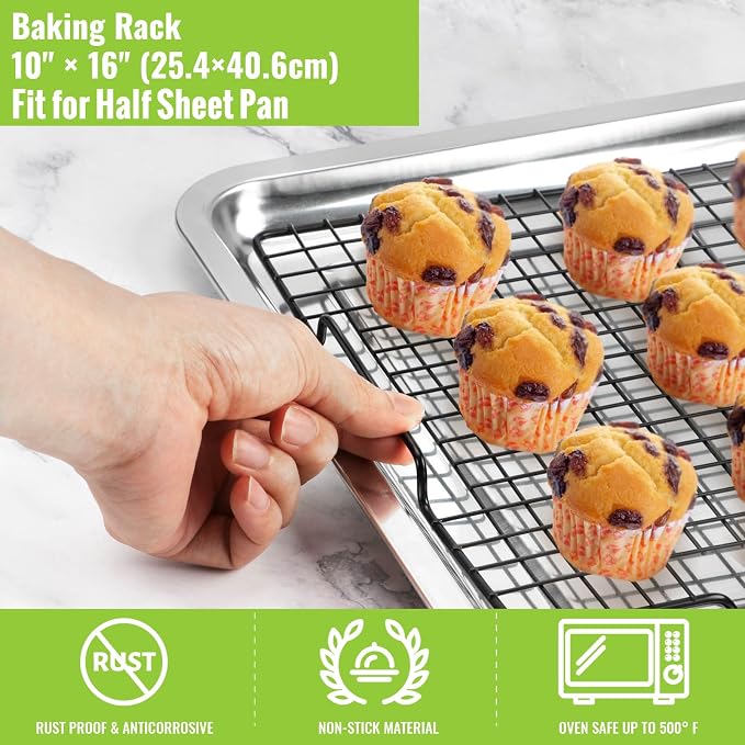 HULISEN Cooling Rack 4-Pack, 16 x 10 Inch Nonstick Baking Rack with Handles | Fits Half Sheet Pan, Oven Safe 500°F, Easy Lift Design for Cookies, Cakes & Baked, Cookie Cooling, Baking, Cooking, Grilling