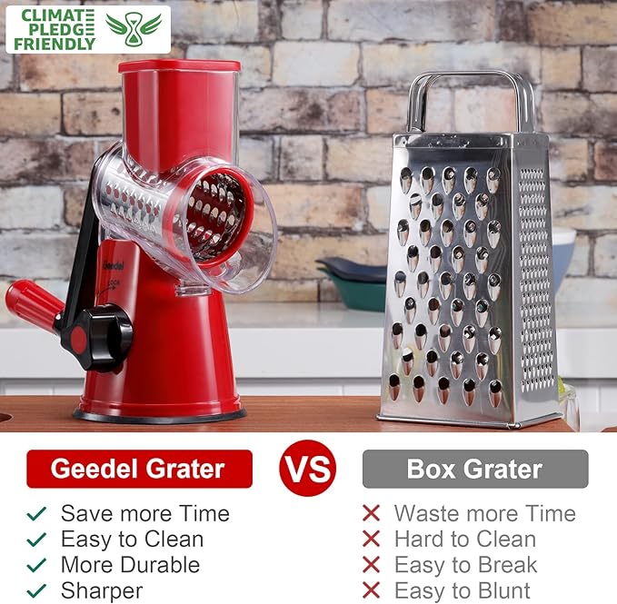 Geedel Rotary Cheese Grater, Kitchen Mandoline Vegetable Slicer with 3 Interchangeable Blades, Easy to Clean Rotary Grater Slicer for Cheese, Vegetables, Nuts