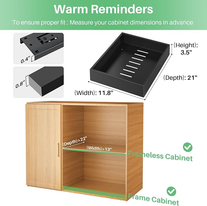 2Pack Pull out Cabinet Organizer, 21"Deep, Heavy Duty Full-extension Slide out Drawers for Kitchen Cabinet, Roll out Shelf Storage with Nano Adhesive for Pots,12"W x 21"D x 3.1"H, Black
