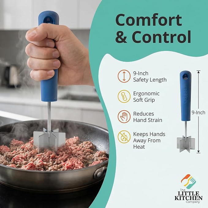 Stainless Steel Meat Chopper, Masher & Cocktail Muddler | Dishwasher Safe | 6-Blade Chopper Tool | Oversized Soft Grip Handle | Heat Resistant Grip | 9" (Lagoon Blue)