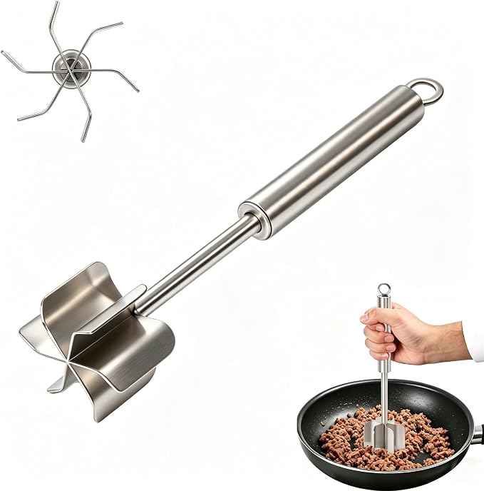 304 Stainless Steel Meat Chopper & Potato Masher, 6 Blade | Ground Beef Smasher for Hamburger, Heavy Duty Kitchen Tool for Chicken, Vegetables, Mixing and Mashing, Food Grade Utensil