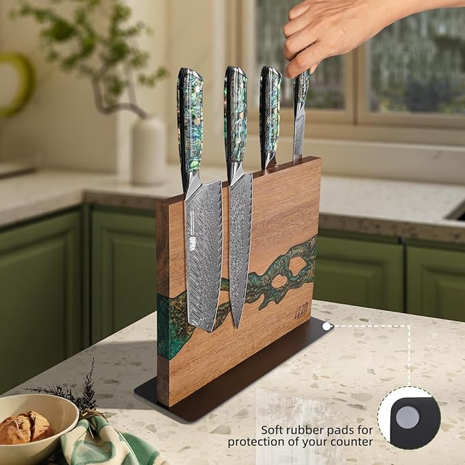 FINDKING Magnetic Knife Block, Double-Sided Knife Holder with Strong Magnets, Acacia Wood and Golden Green Resin, Countertop Kitchen Knife Storage Stand (12 × 10 Inches, Without Knives)