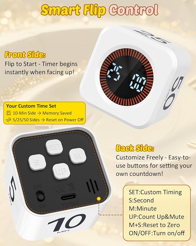 Digital Pomodoro Timer Cube 5/10/25/50min, Visual Productivity Flip Timer for Kids Classroom Desk, Custom Countdown, Silent and Sound Mode for ADHD Study Work Game Kitchen (White)