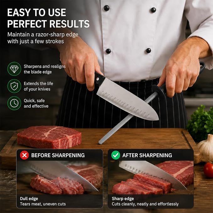 10 Inch Diamond Knife Sharpening Steel Rod, Professional Kitchen Diamond Knife Blade Sharpener Rod Stick, Knife Honer Steel for Honing Knife Blades, Chef Knives and Shears