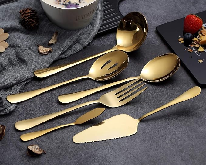 6-Piece Gold Serving Flatware Set - Stainless Steel Utensil Set, Includes Cake Server, Slotted Spoon, Serving Spoon, Meat Fork, Butter Knife, Soup Ladle